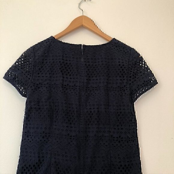 BROOKS BROTHERS Solid Navy Blue Eyelet Floral Lace Up 100% Cotton Shift Dress 2 - Picture 9 of 11